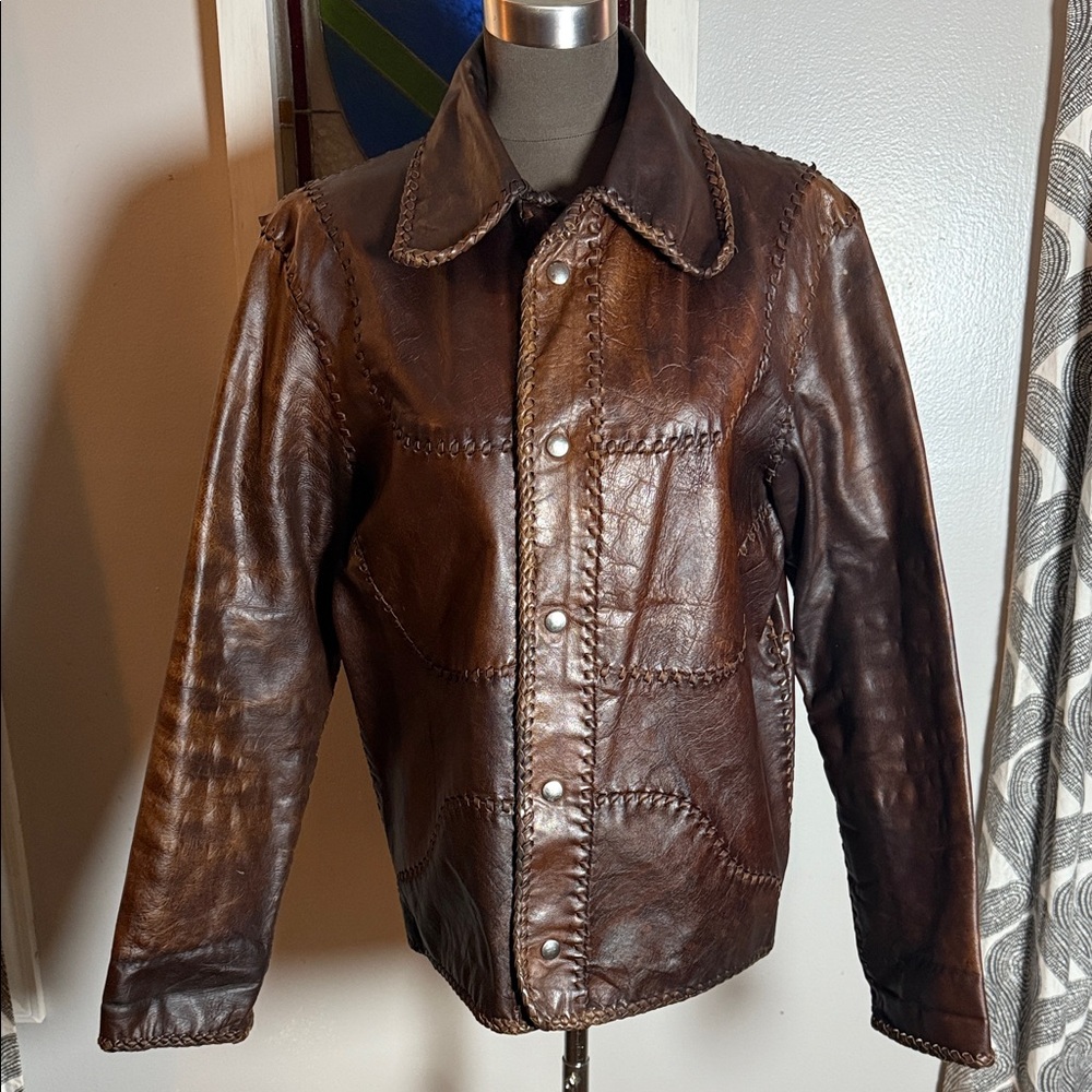 Vintage Dark Brown Patchwork Leather Jacket - image 2